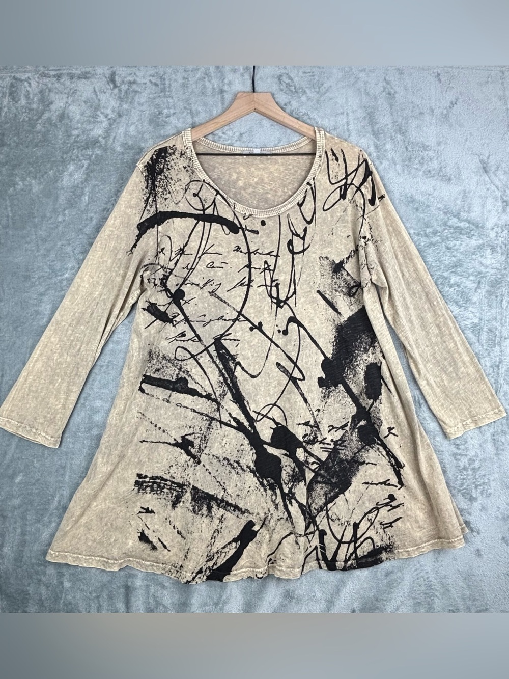 Jess & Jane Shirt Women Large Beige Abstract Long Sleeve Artsy Art to Wear